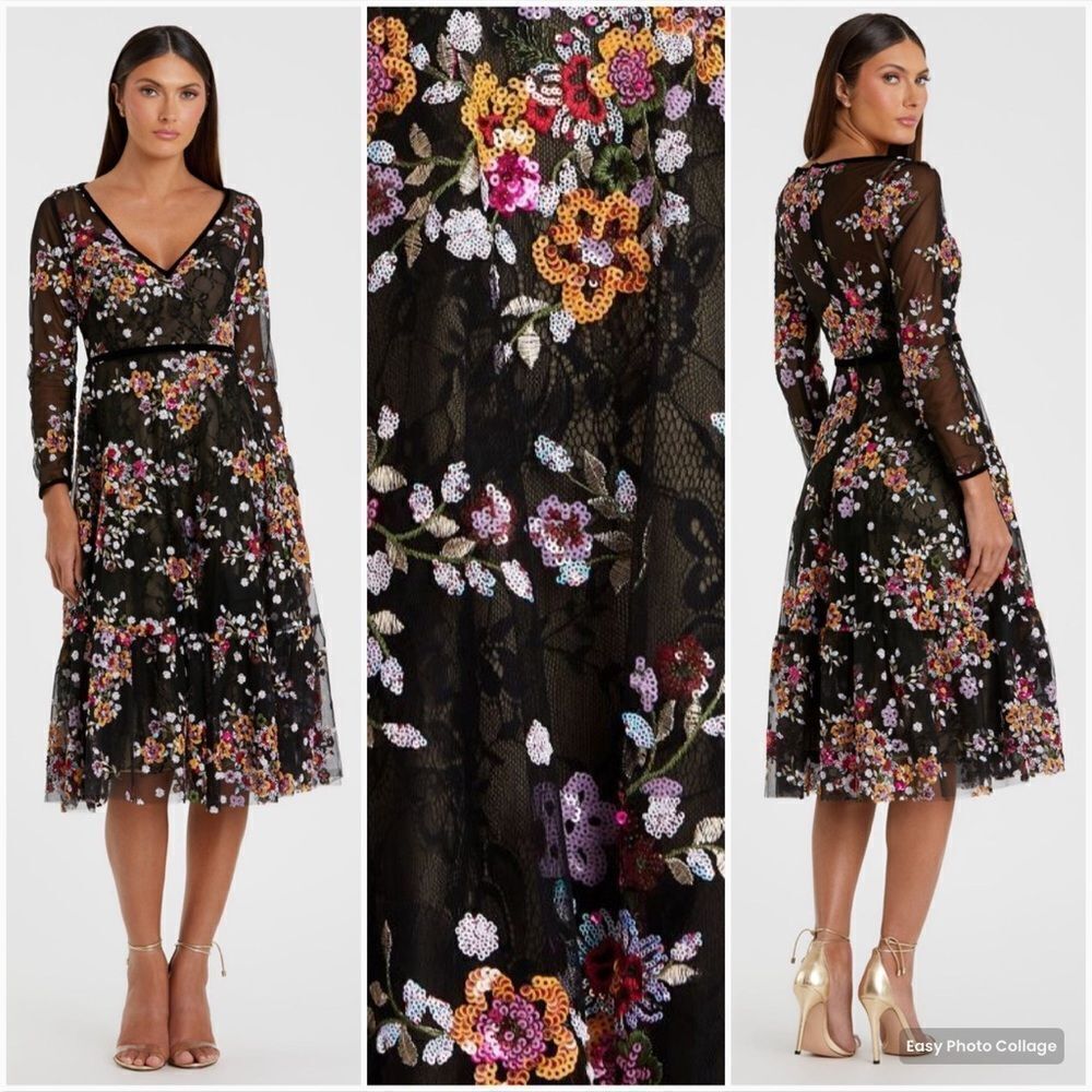 Nwt Mac Duggal Black Floral Embroidered Tea Length Dress